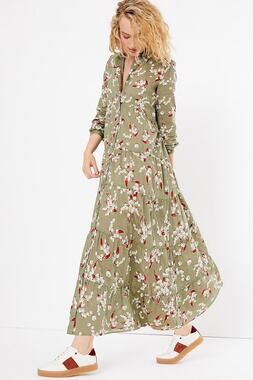 per una Olive Tiered Maxi Shirt Dress with Red and White Floral Print